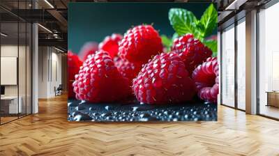 Freshly picked raspberries glistening with water droplets against a dark backdrop Wall mural