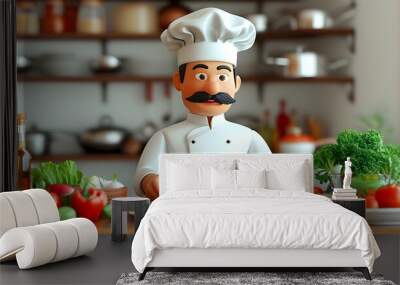 Friendly chef crafting a meal with fresh ingredients in a 3D restaurant kitchen setting on a clean white backdrop Wall mural