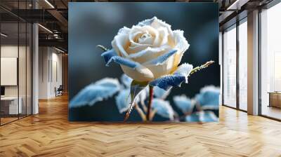 Frost-covered branch with white rose in winters embrace, showcasing a delicate contrast of blue and white hues Wall mural