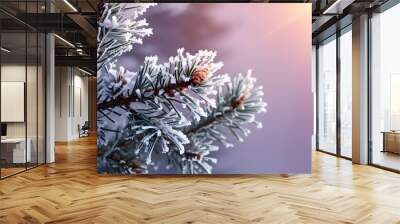 Frosted pine branches illuminated by a warm glow against a softly lit purple background, perfect for winter holiday cards or elegant decor Wall mural