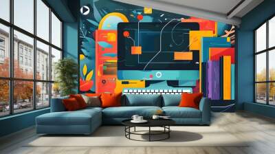 Fusion of traditional education and modern digital tools with computers, icons, books, keyboards, and mice in a vibrant abstract illustration Wall mural