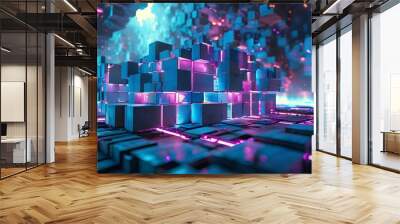 Futuristic Abstract Composition of Luminescent Cubic Structures in Blue and Purple Hues Wall mural