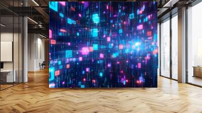 Futuristic abstract digital technology background featuring dynamic geometric shapes, glowing binary data networks, and a cyberspace concept for modern business communication Wall mural