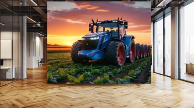 Futuristic agricultural technology showcased by modern tractor in a field illuminated by a stunning sunset Wall mural