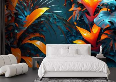 Futuristic botanical art featuring abstract tropical plants with vibrant orange, blue, and red hues against a dark background in a cyberpunk style Wall mural