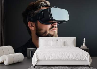 Futuristic businessman in sleek attire wearing virtual modern glasses, representing cutting-edge technology and innovation Wall mural