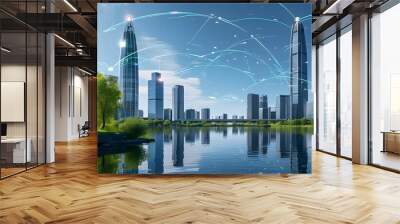 Futuristic city skyline featuring AI web patterns in skyscrapers alongside a serene lakeside view Wall mural