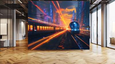 Futuristic cityscape at night with vibrant light trails from moving trains in a bustling railway station Wall mural