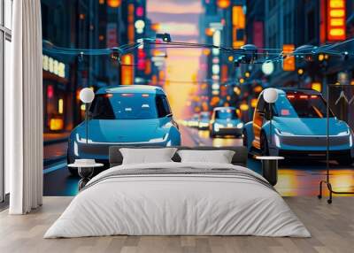 Futuristic cityscape featuring autonomous self-driving car equipped with advanced sensors and wireless technology amidst vibrant night lights Wall mural