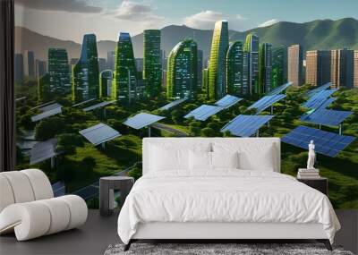 Futuristic cityscape featuring innovative green architecture and solar panels along a scenic river, illustrating a harmonious blend of technology and nature in sustainable urban development Wall mural