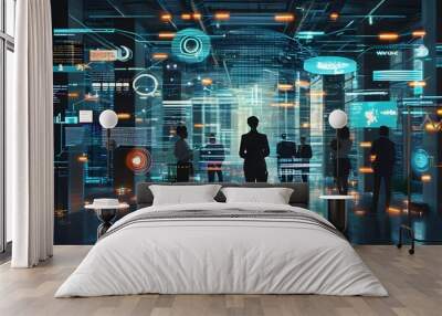 Futuristic concepts of global business networking through telecommunications technology, emphasizing human connections and collaboration across various digital platforms Wall mural