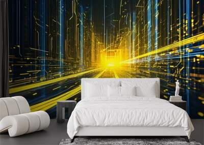 Futuristic Digital Landscape of Light Rays and Stripes with a Yellow Glow Wall mural