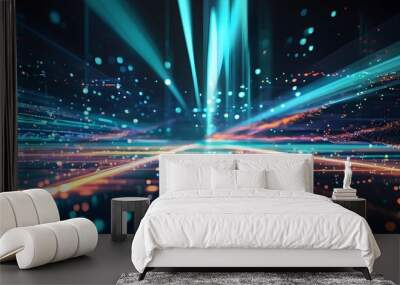 Futuristic digital landscape with flowing lines and luminous particles highlighting data connectivity and advanced technology Wall mural