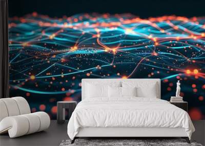 Futuristic digital network of glowing lines and nodes illustrating seamless data flow and connectivity Wall mural