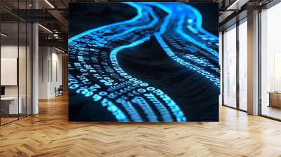 futuristic digital road glowing with blue binary code patterns against a black background Wall mural