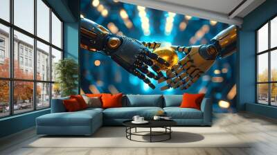 Futuristic encounter of robotic hands connecting, one cradling a golden object amidst a vibrant blue backdrop illuminated by glowing lights Wall mural