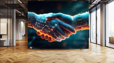 Futuristic handshake of glowing particles and digital connections symbolizing the integration of technology and human interaction in cyberspace Wall mural