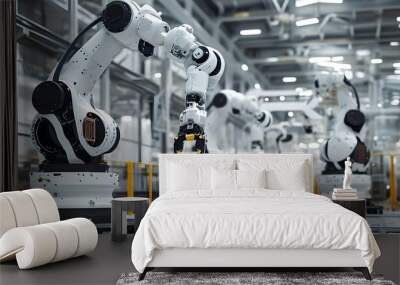 Futuristic manufacturing environment featuring industrial robots and advanced machines in a sleek, white decor production line. Wall mural