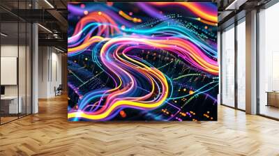 Futuristic neon waves illustrating connection and cybersecurity in the digital transformation of big data, network energy, programming, and software computing Wall mural