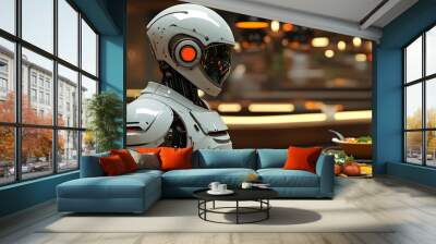 Futuristic restaurant scene featuring chef collaborating with an advanced cooking robot assistant Wall mural