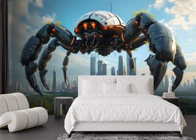 Futuristic robotic spider looming over an advanced cityscape, blending technology and urban innovation in a captivating sci-fi realm Wall mural