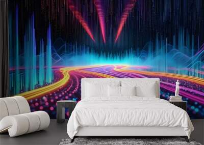 Futuristic sound waves and neon motion patterns illustrating frequency flow, data transfer, and vibrant connectivity in cloud computing technology Wall mural