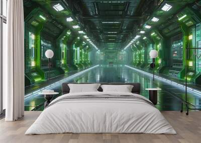 Futuristic Space Station Adorned with Lush Green Walls and Ambient Lighting Wall mural