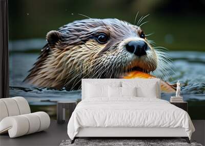 Giant River Otter Enjoying a Fish in Crystal Clear Waters Wall mural