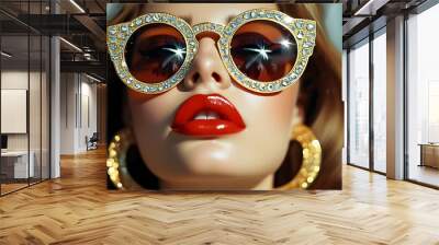 Glamorous close-up of a woman with rhinestone-studded gold-rimmed sunglasses, vibrant red lips, and sparkling gold jewelry Wall mural