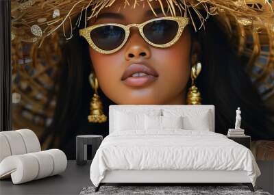 Glamorous woman in sunglasses showcasing elegant gold jewelry in a stunning close-up portrait. Wall mural