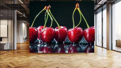 Glistening cherries adorned with water droplets on a sleek dark surface, showcasing vivid freshness in striking high contrast for design and promotional uses. Wall mural