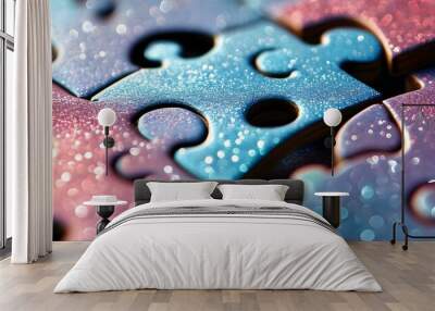 Glistening Close-Up of Interlocking Puzzle Pieces Highlighting Intricate Details Wall mural