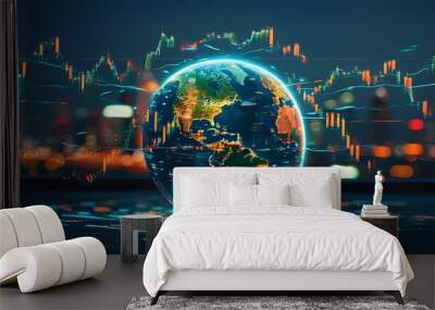 Global finance illuminated by city lights with digital charts and graphs in a modern urban landscape at night Wall mural