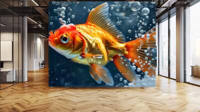 Golden fish swimming gracefully amidst shimmering bubbles Wall mural