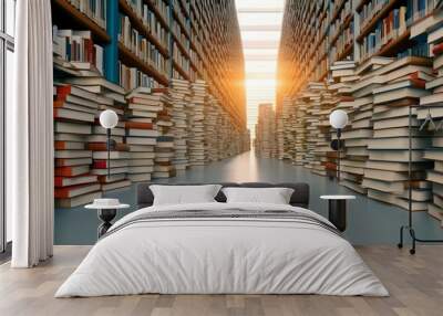 Golden rays light up books in a library aisle, creating a warm and inviting atmosphere in the late afternoon. Wall mural