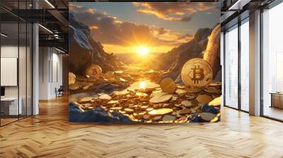 Golden sunrise illuminating a mine of natural gold and bitcoins, merging the allure of nature with the essence of wealth Wall mural