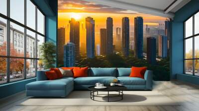 Golden sunrise illuminating a stunning cityscape with modern skyscrapers towering over a lush green urban forest Wall mural