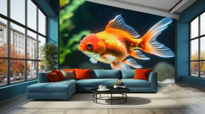 Goldfish gliding gracefully inside a plastic bag amidst vibrant blue waters Wall mural