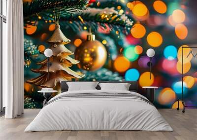 Gorgeous Christmas tree adorned with golden ornaments and shimmering lights, set against a vibrant bokeh backdrop Wall mural