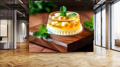 Gourmet layered fruit jelly desserts adorned with mint leaves, artfully displayed on a rustic wooden board Wall mural