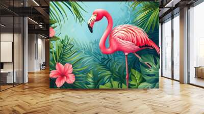 Graceful pink flamingo amidst lush green tropical foliage on a serene light blue background Wall mural