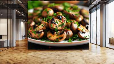 Grilled mushrooms adorned with fresh herbs showcasing vibrant vegetarian cuisine and healthy eating choices Wall mural