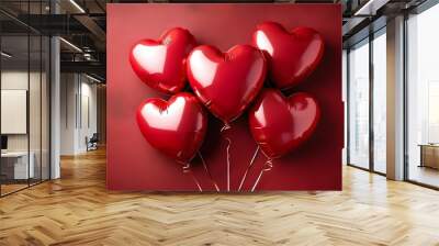 Heart-shaped balloons on vibrant red backdrop, celebrating love and Valentines Day magic Wall mural