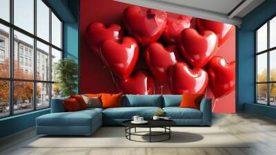 Heart-shaped balloons on vibrant red backdrop, celebrating love and Valentines Day magic Wall mural