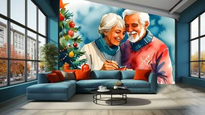 Heartwarming watercolor scene of an elderly couple joyfully decorating a Christmas tree, celebrating family bonding and holiday traditions with love and festive spirit Wall mural