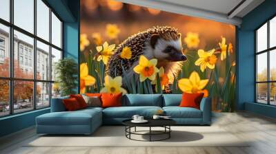 Hedgehog among blooming daffodils at sunset, capturing the essence of spring in panoramic wildlife photography with ample copy space for design use. Wall mural