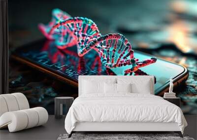 Holographic DNA Structure Displayed on Smartphone Screen Wall mural