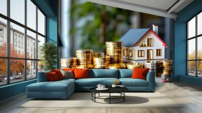 House model surrounded by gold and silver coin stacks on a reflective table, representing real estate investment, savings, and financial growth Wall mural