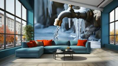 Icy winter faucet adorned with glistening icicles and frozen water Wall mural