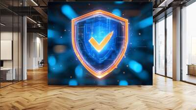 Illuminated digital shield emblem on blue technology backdrop symbolizing cybersecurity and data protection Wall mural